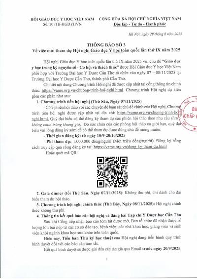 Thông báo số 3 về việc mời tham dự Hội nghị Giáo dục Y học toàn quốc lần thứ IX năm 2025
