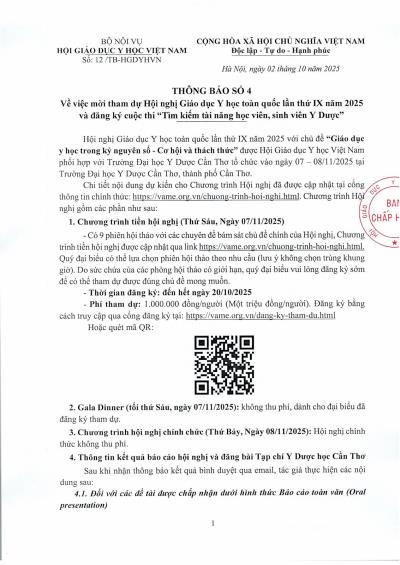 Thông báo số 4 về việc mời tham dự Hội nghị Giáo dục Y học toàn quốc lần thứ IX năm 2025 và đăng ký cuộc thi “Tìm kiếm tài năng học viên, sinh viên Y Dược"