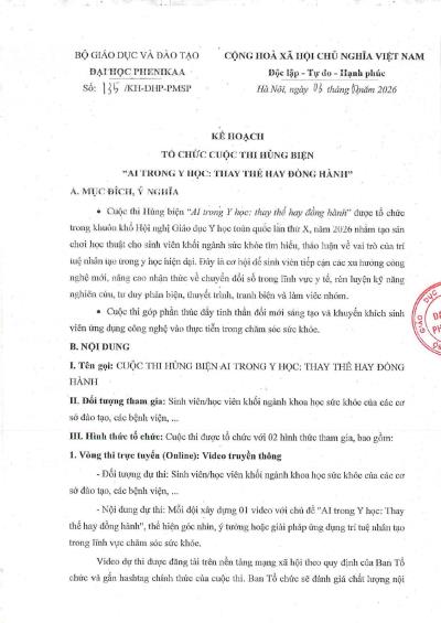 KẾ HOẠCH TỔ CHỨC CUỘC THI HÙNG BIỆN "AI TRONG Y HỌC: THAY THẾ HAY ĐỒNG HÀNH"
