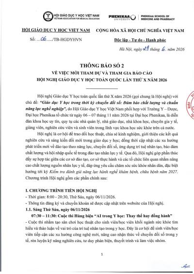 THÔNG BÁO SỐ 2 VỀ VIỆC MỜI THAM DỰ VÀ THAM GIA BÁO CÁO HỘI NGHỊ GIÁO DỤC Y HỌC TOÀN QUỐC LẦN THỨ X NĂM 2026