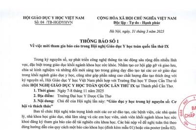 Thông báo số 1 về việc mời tham gia báo cáo trong Hội nghị Giáo dục Y học toàn quốc lần thứ IX